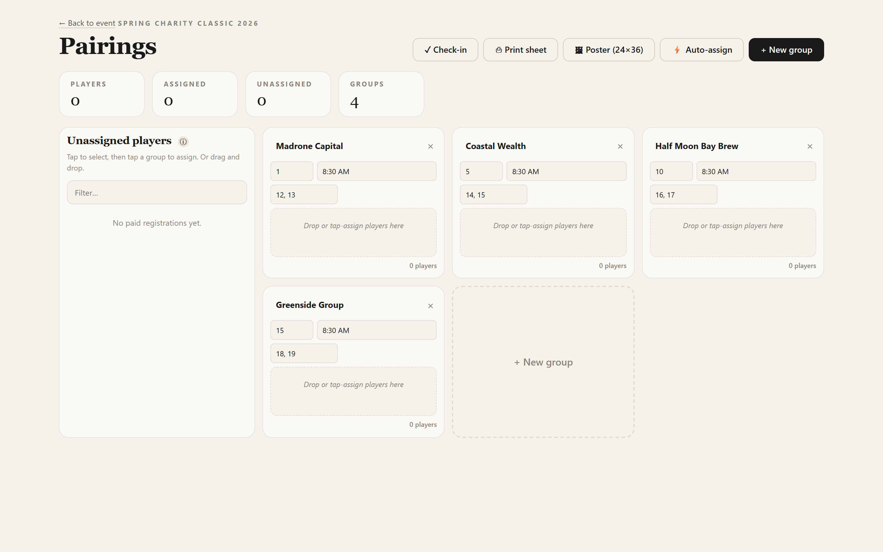Pairings page with drag-and-drop groups