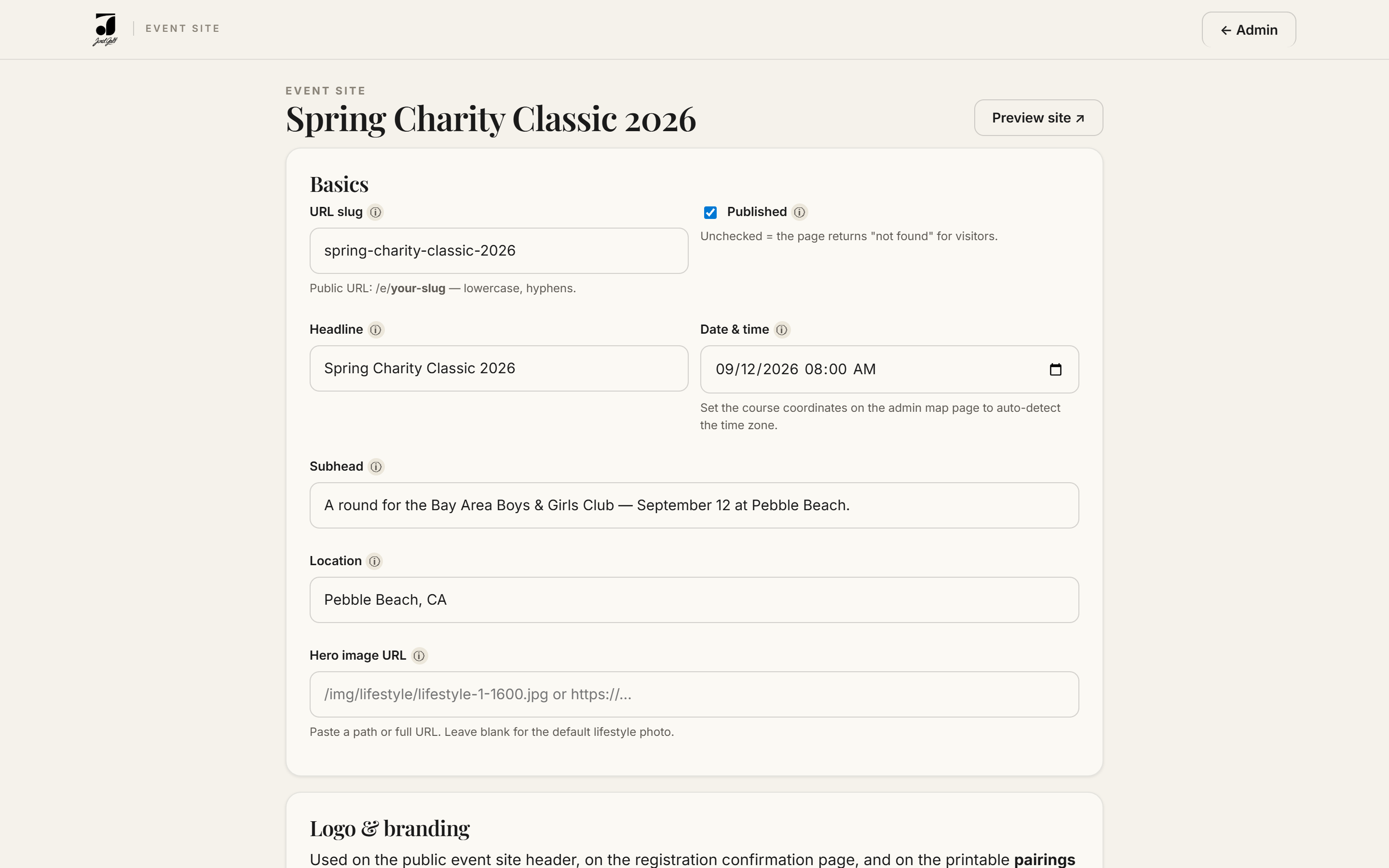 Admin event-site editor with sponsorships