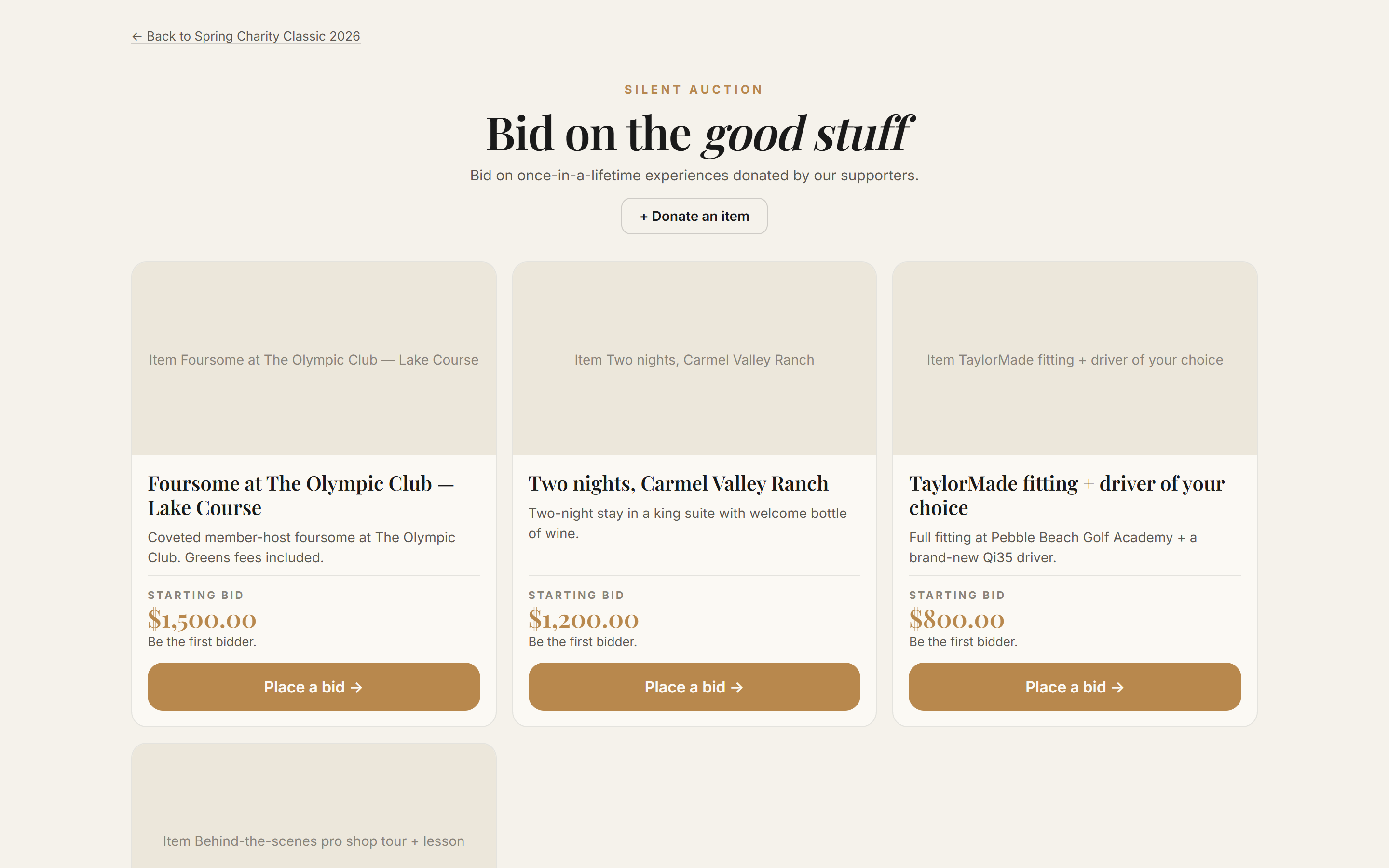 Public silent auction page with bidding