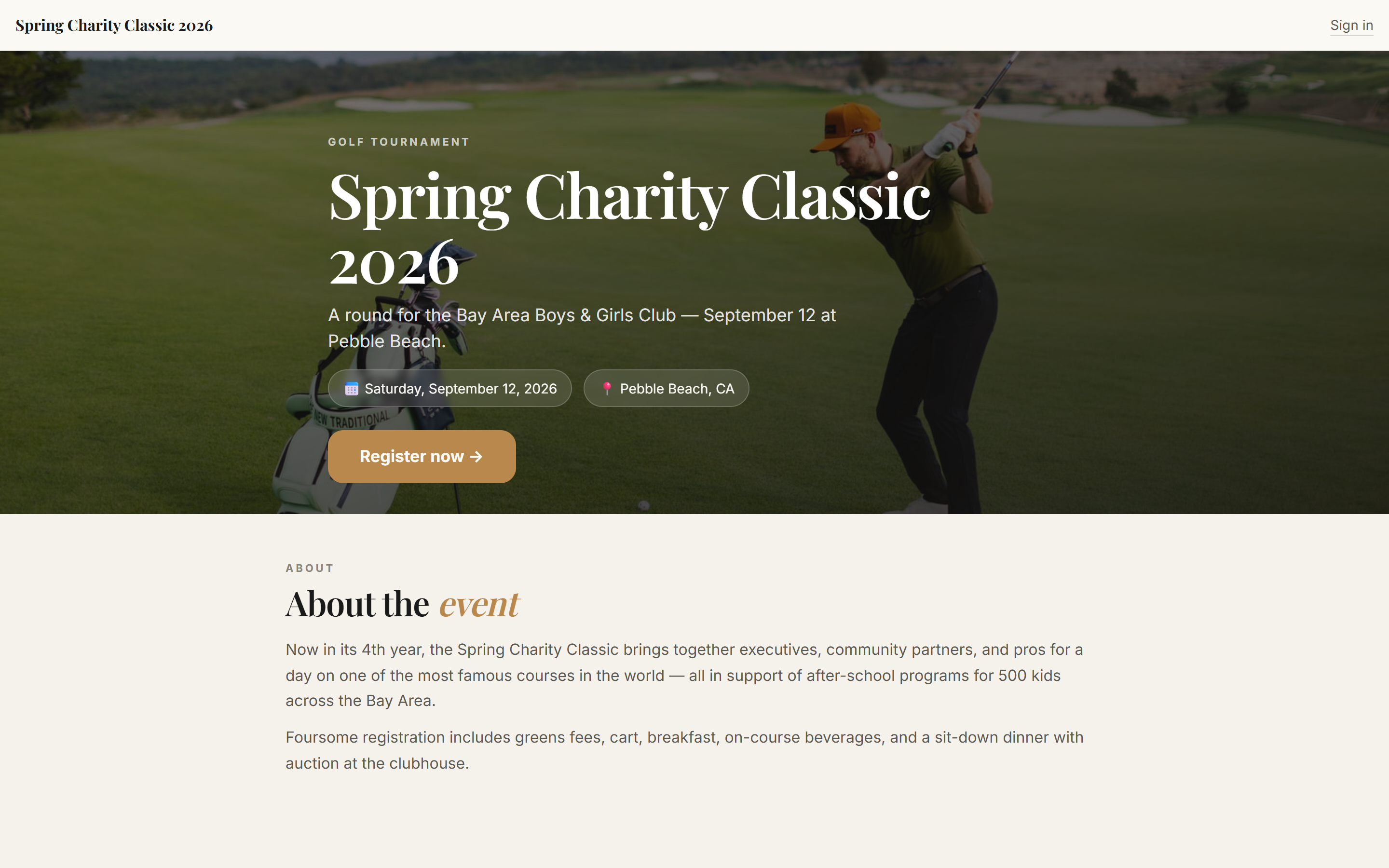 Branded charity event site at /e/your-slug